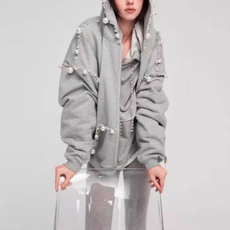 Pearl Accented Zip-Up Heavyweight Oversized French Terry 100% Cotton Women's Hoodie