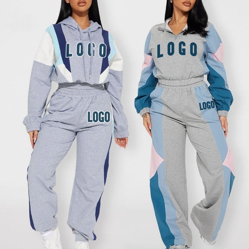 Patchwork Color Block Y2K Cropped Top Hoodie and Pants 2-Piece Set Women's Hoodie Set