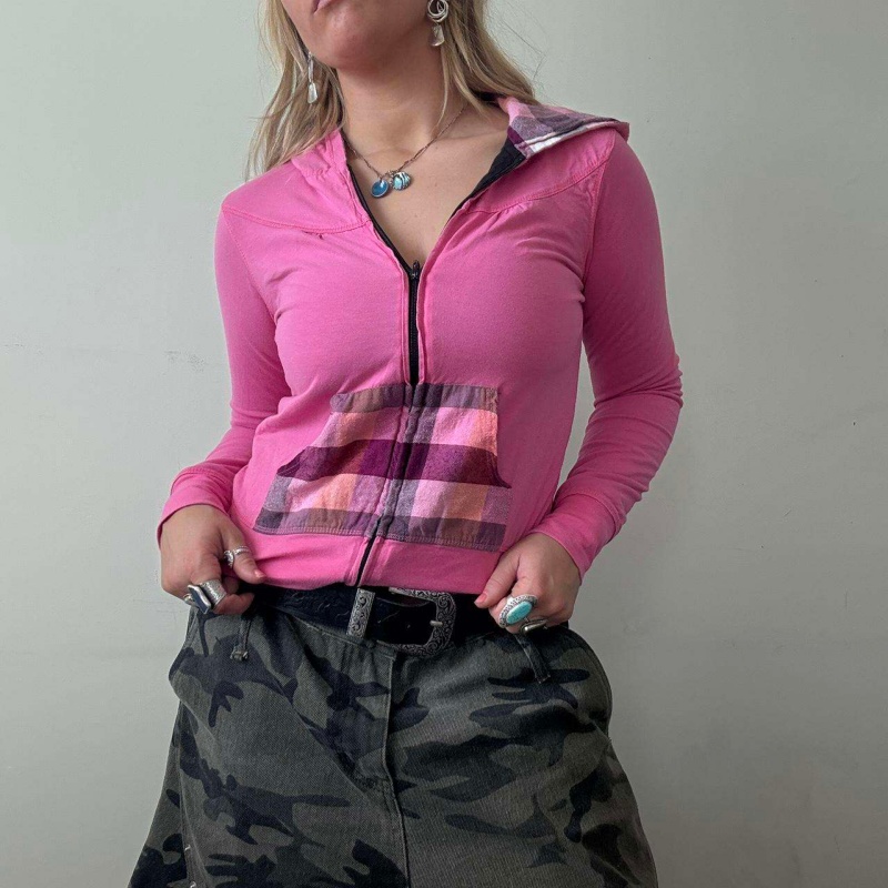 Vintage Checked Lining Carmine Color Lightweight Pullover with Pocket Y2K Full Zip up Casual Wear Women's Hoodie