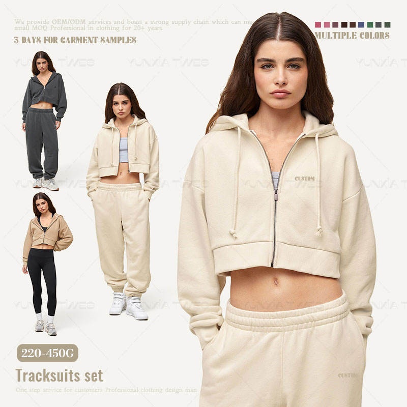 Embroidered Hoodie Set Cropped Zip-Up Hoodie Joggers 2-Piece Women's Hoodie Set