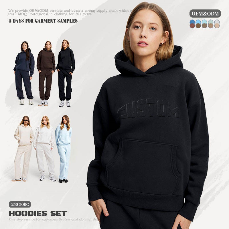 Cotton Heavyweight Hoodie Set 300-500gsm Winter Screen Print Custom Women's Hoodie Set