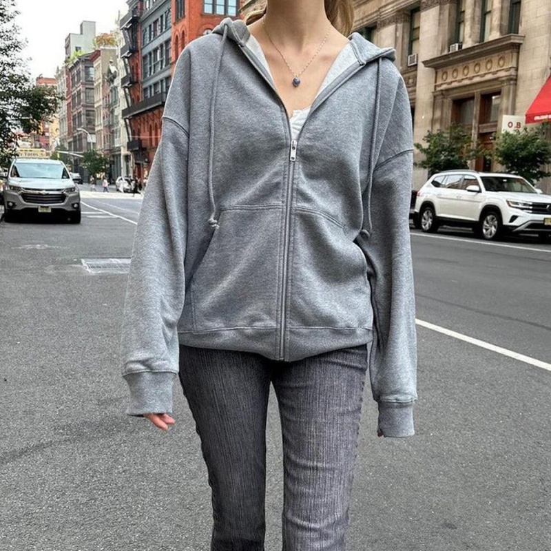 Daily Wear Grey Solid Color Pullover with Drawstring Full Zip up Women's Hoodie