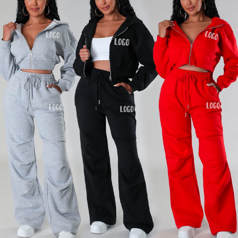 Zip Solid Color French Terry Cropped Hoodie and Sweatpants 100%Cotton Women's Hoodie Set