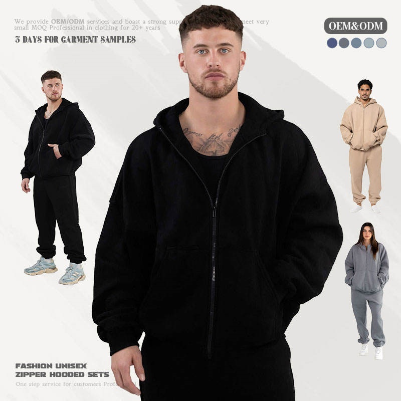 Unisex Black Heavyweight Hoodie Set Winter Oversized Zip-Up 2 Sets Wholesale Women's Hoodie Set