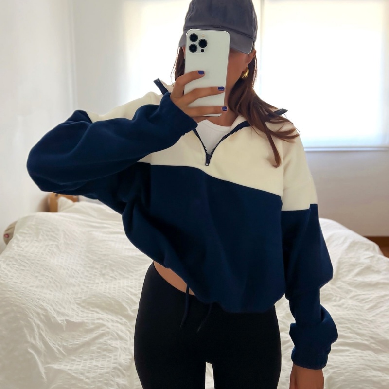 Half Zip Color Block Fleece Oversized Long Sleeve Casual Pullover Women's Hoodie