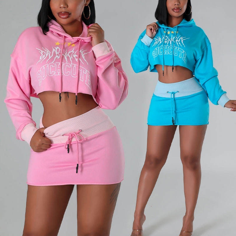 Custom Print 100% Cotton Heavyweight Pullover Cropped Crop Top Hoodie and Skirt 2-Piece Set Women's Hoodie Set