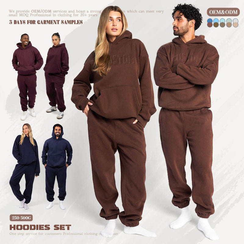 Unisex 3D Embossed Hoodie Set 300-500gsm Square Oversized Wholesale Women's Hoodie Set