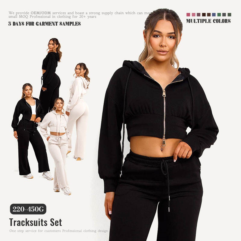 Cotton Casual Hoodie Set Zip-Up Hoodie Wide-Leg Pants 2-Piece Women's Hoodie Set