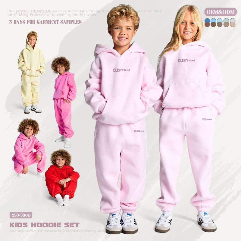 Kids Pink Steel Embossed Hoodie Set 3D Printed Cotton Polyester Kangaroo Pocket Women's Hoodie Set