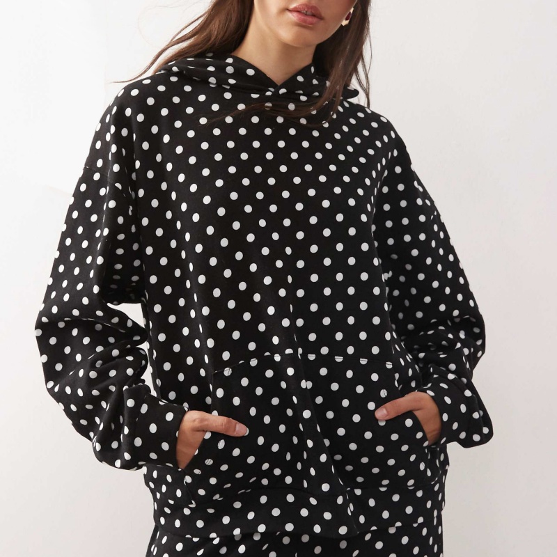 High Quality Custom logo Black Color Pullover with Kangaroo Pocket Over Sized Polka Dot Casual Women's Hoodie
