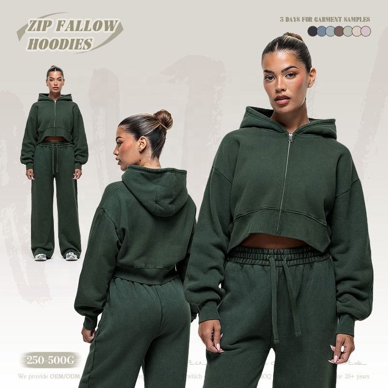 Vintage Wash Hoodie Set Green Crop Zip-Up Hoodie Women's Hoodie Set