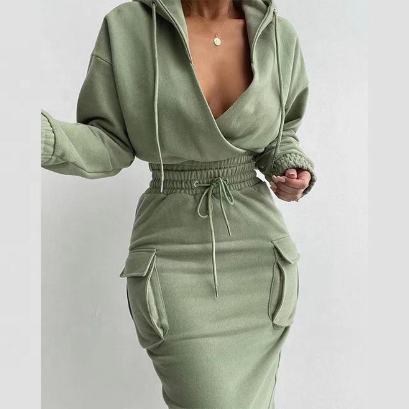 Solid Color Hoodie Set | Long Sleeve Crop Top and Long Skirt, Sexy 2-Piece Women's Hoodie Set