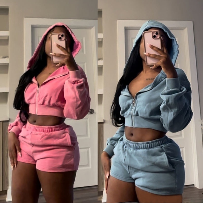 Acid Wash Heavyweight Zip Cropped Hoodie and Shorts or Flare Pants 2-Piece Set Women's Hoodie Set