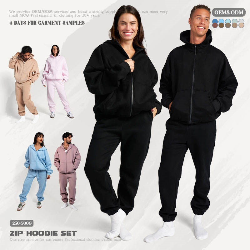 Unisex Black Wool Hoodie Set Heavyweight Zip-Up Hoodie Print Design Women's Hoodie Set