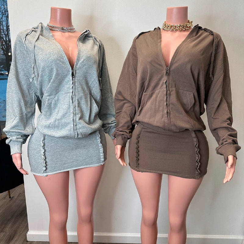 2025 Lightweight Zip-Front Hoodie and Mini Dress Custom Logo Women's Hoodie Set