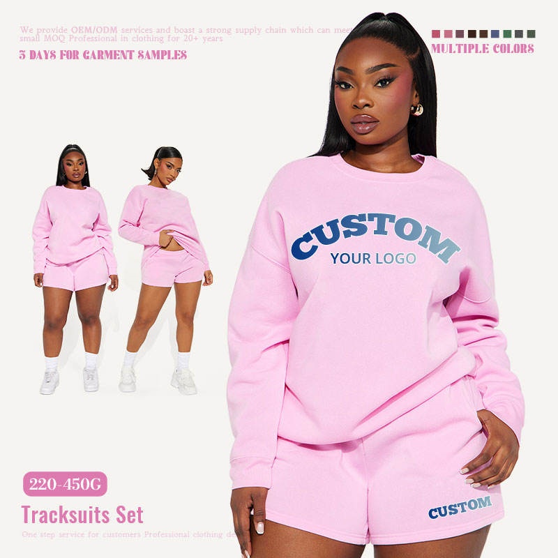 Pink Terry Cotton Hoodie Set Spring Cropped 2-Piece Wholesale Women's Hoodie Set