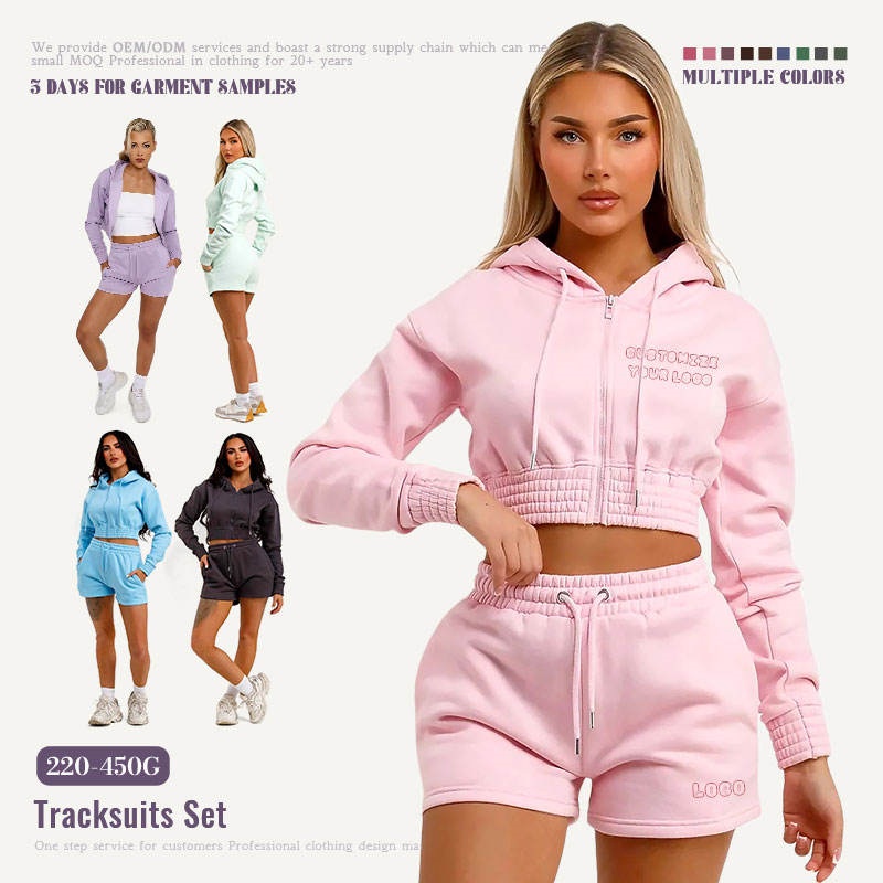 Cropped Sport Hoodie Set Summer Zip-Up Shorts 2-Piece Women's Hoodie Set