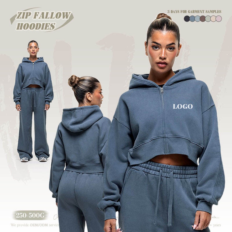Unisex Vintage Wash Hoodie Set French Terry Full-Zip Heavyweight Cropped Women's Hoodie Set