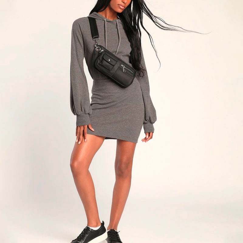 High Waist Solid Color Drawstring Hooded Long Hoodie Dress Hooded Dress Women's Hoodie Dress