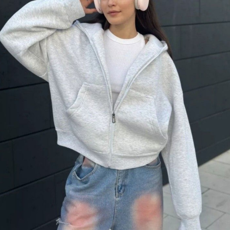 High Quality Embroidered Women Casual Pullover Ribbed Cuffs Zip up Pocket Women's Hoodie