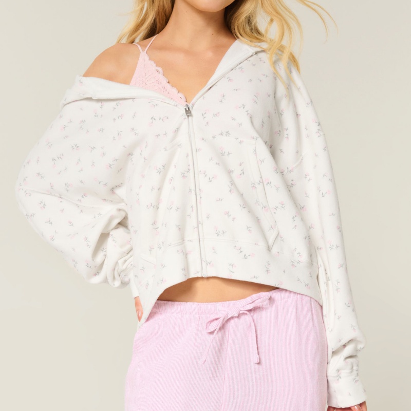 High Quality Full Zip up Lightweight Cropped Jumper Floral Fleece Lined Coat Women's Hoodie