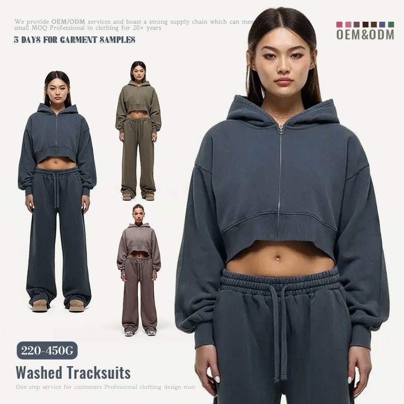 Vintage Wash Hoodie Set Acid Wash Zip-Up Embroidered Joggers Wholesale Women's Hoodie Set