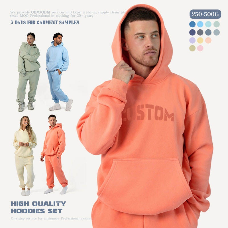 Unisex Embossed Hoodie Set 500-600gsm Cotton Wool Blend Square Cut Women's Hoodie Set