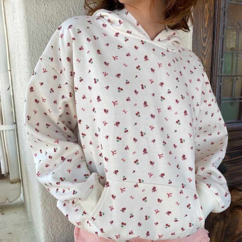 Cherry Print 100% Cotton Pullover with Kangaroo Pocket Cover Soft Hoodies Woman's Hoodie