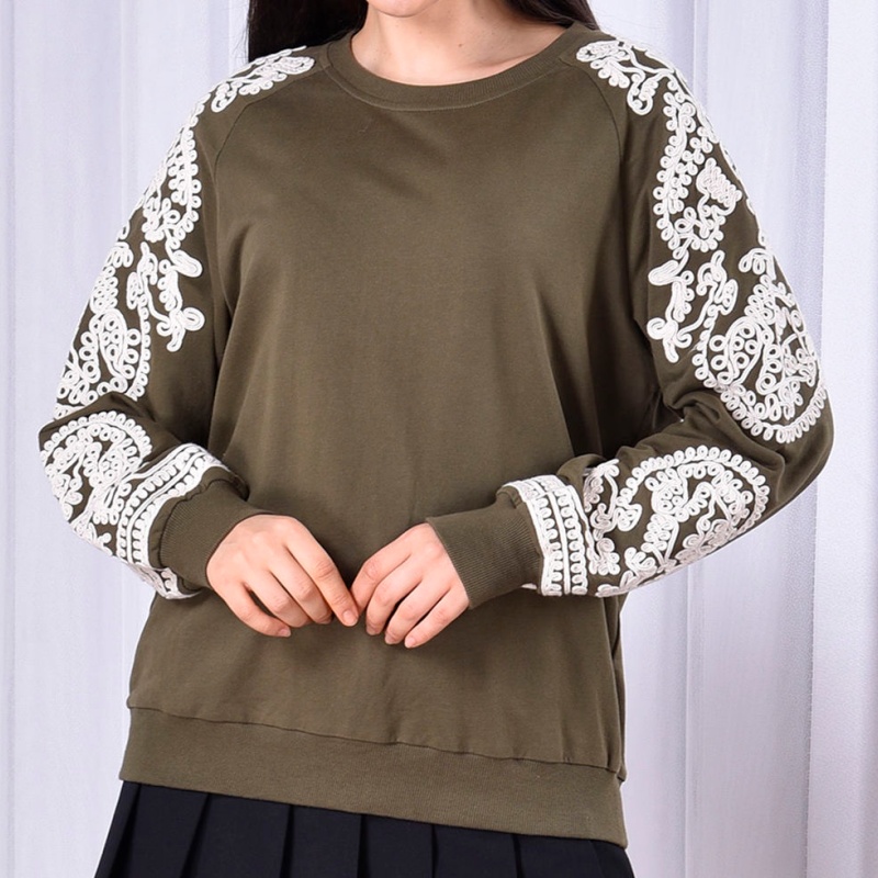 French Terry Round Neck Hoodie Drawstring Embroidery Patchwork Print Cropped Long Sleeve Women's Hoodie