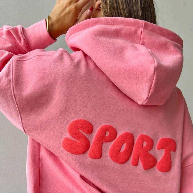 Puff Print French Terry Hoodie - Women's Oversized 100% Cotton Pullover