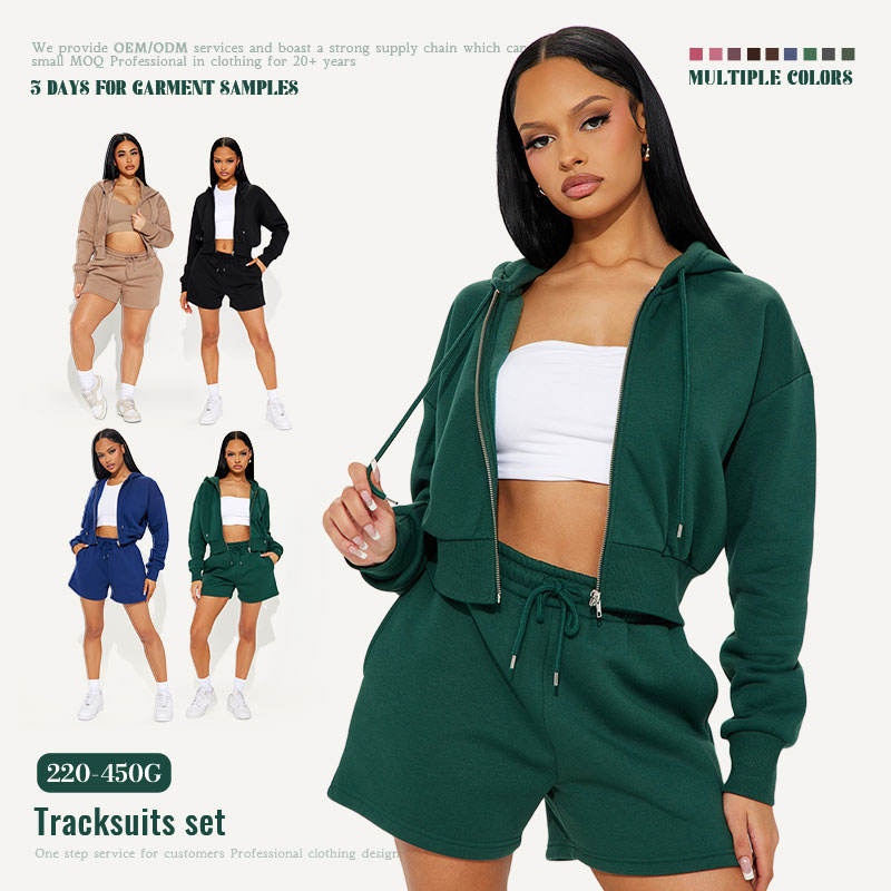 Green French Terry Hoodie Set Gym Cropped Zip-Up Shorts 2-Piece Women's Hoodie Set