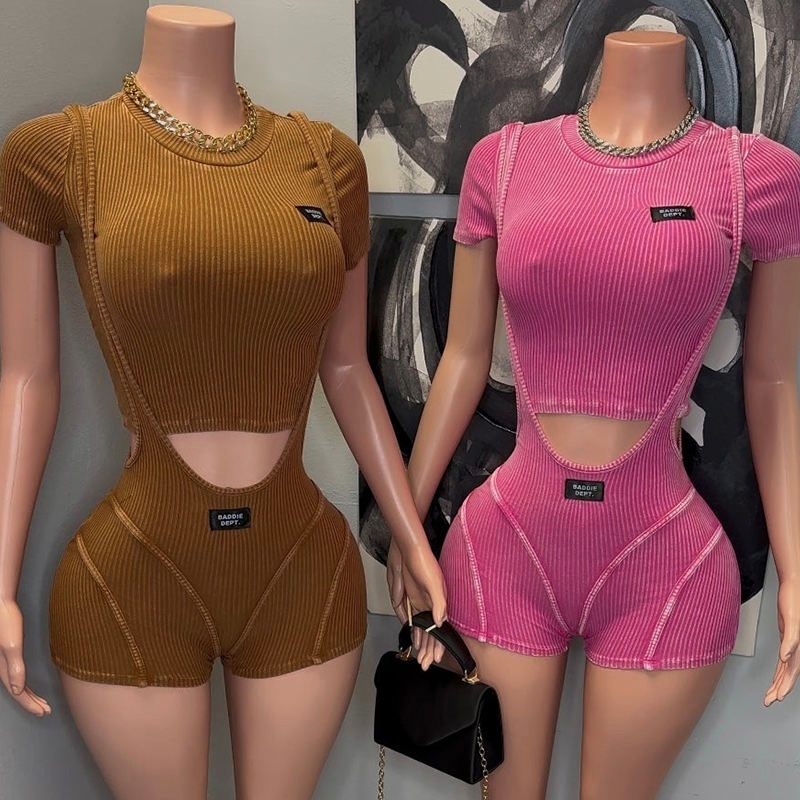 Acid Wash Ribbed Top and Strapped Shorts Jumpsuit Shorts 2-Piece Set Women's Hoodie Set