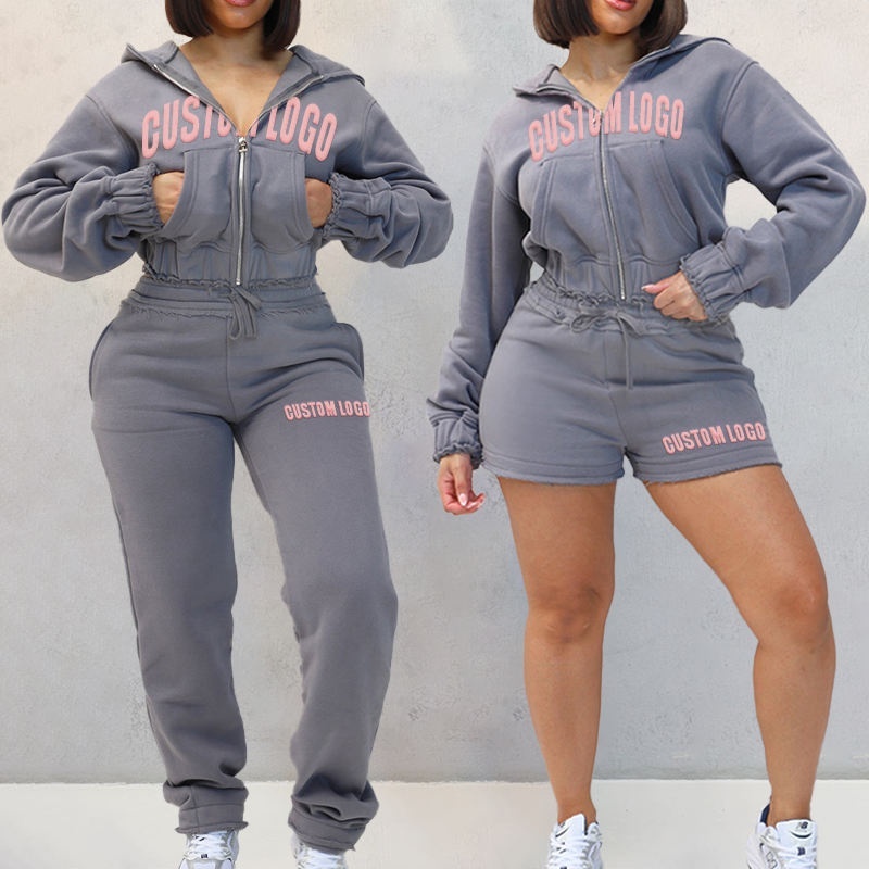 Distressed Cropped Zip Heavyweight 460gsm 100% Cotton Hoodie and Sweatpants or Shorts Women's Hoodie Set