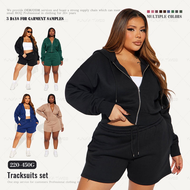 Black Wool Hoodie Set Embroidered Zip-Up Cropped Shorts 2-Piece Women's Hoodie Set