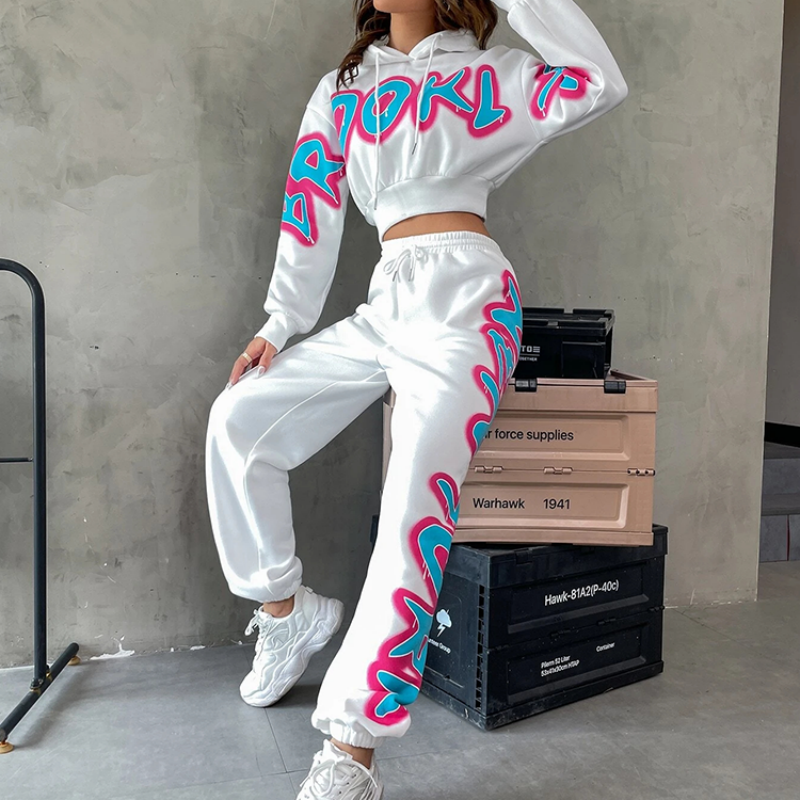 Women's Letter Print Crop Top Hoodie Set - 2-Piece Streetwear Tracksuit with Jogger Pants
