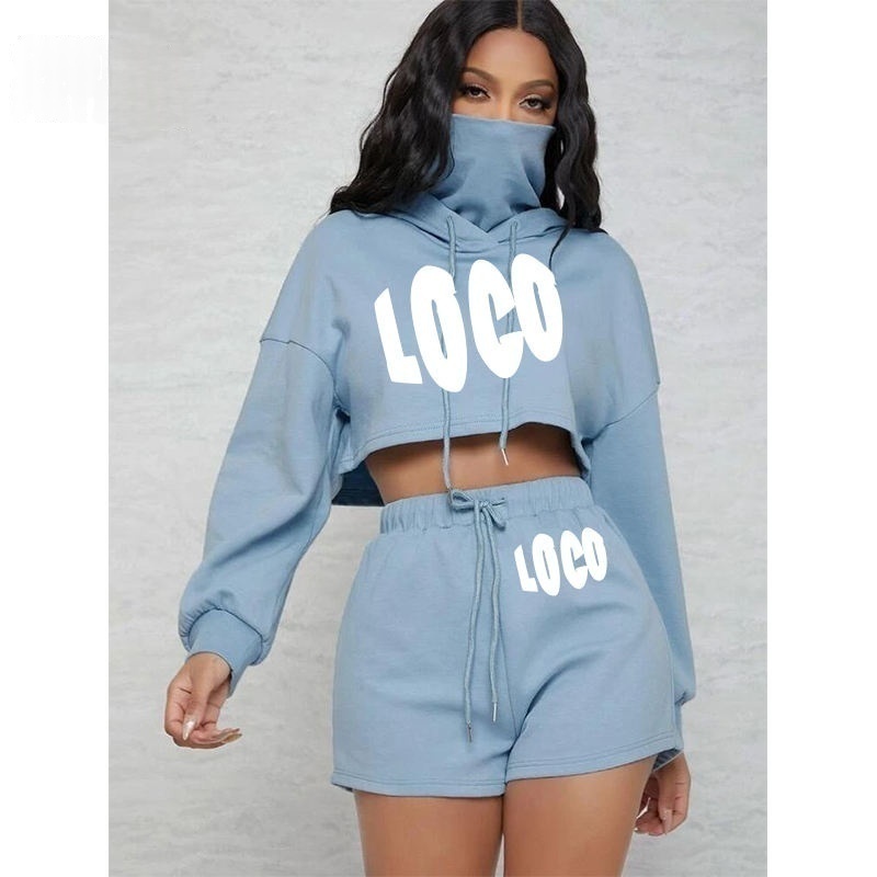 High Neck Hooded Crop Top Oversized Pullover Cropped Hoodie and Shorts Women's Hoodie Set