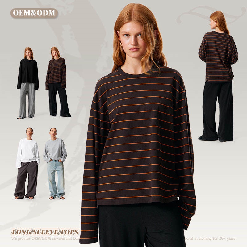 Brown Stripe Long Sleeve T-Shirt Multi-GSM Cotton Loose Top Women's Hoodie