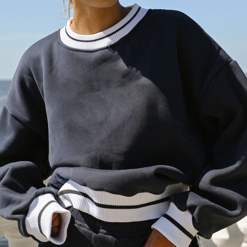 Custom Logo White Striped Rib Cuffs 100% Cotton Loose Fit Oversized Printed Casual Wear for Autumn Women's Hoodie Set