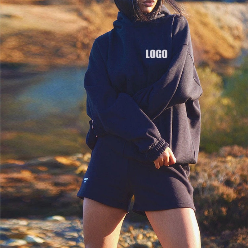 Flat Knit Embroidery Oversized 100% Cotton Hoodie with Shorts or Pants Women's Hoodie Set