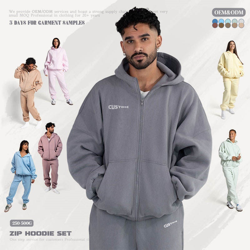 Gray Tone Heavyweight Hoodie Set 49Cotton51Polyester Zip-Up 400-500gsm Women's Hoodie Set