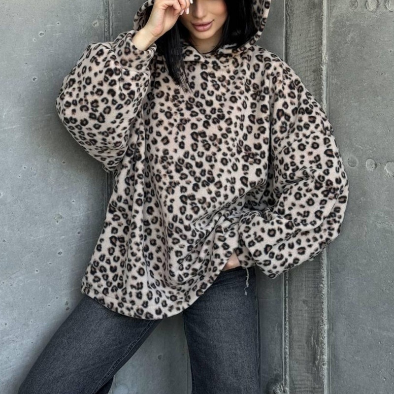 Custom Classic Leopard Oversized Heavyweight Fleece Pullover Animal Print Hooded Sweatshirt Women's Hoodie