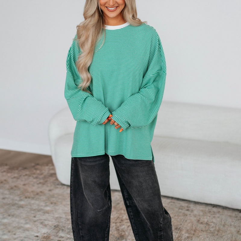 Green White Striped Sweatshirt Casual Loose Fit Pullover Custom Logo Streetwear Women's Hoodie