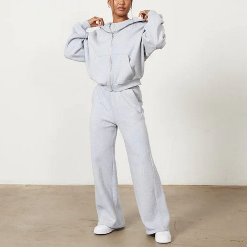 Logo Premium Blank Heavyweight Oversized Full-Zip Hoodie and Wide-Leg Flared Pants Women's Hoodie Set