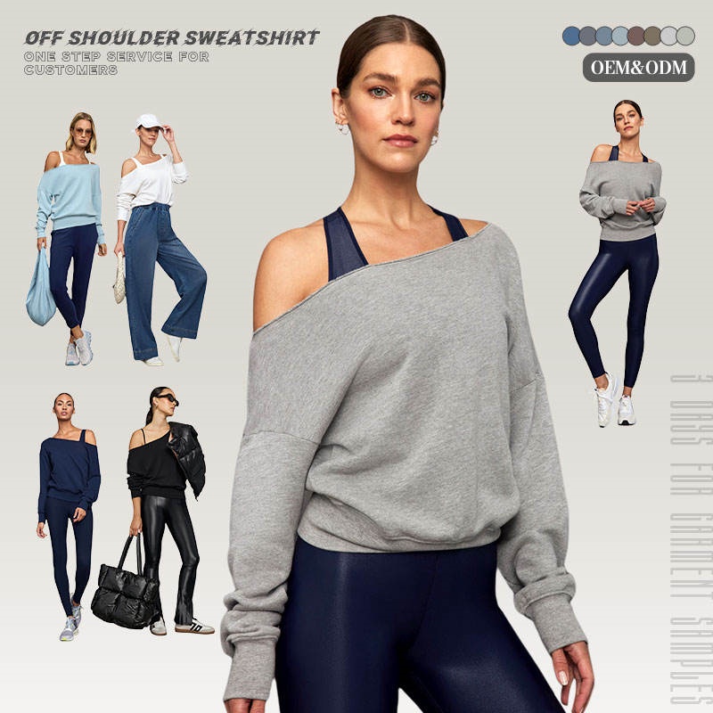 Gray French Terry Hoodie Plain Off-Shoulder Long Sleeve Casual Women's Hoodie