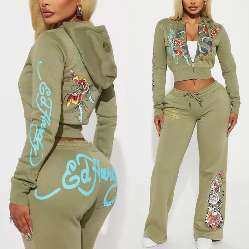 Foil Print Heavyweight Wool Zip Fitted Cropped Hoodie and Sweatpants Women's Hoodie Set