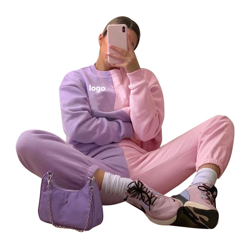 Heavyweight Color-Block Hoodie Set Knit Cut Hoodie Joggers Women's Hoodie Set