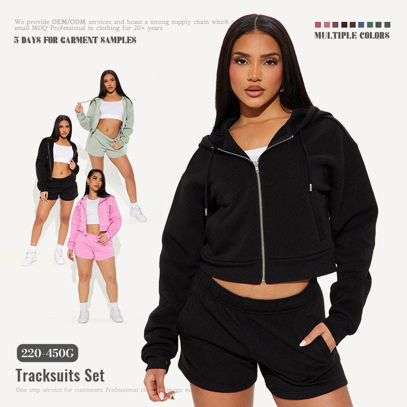 Black Cotton Hoodie Set Zip-Up Hoodie Shorts Gym Style Women's Hoodie Set