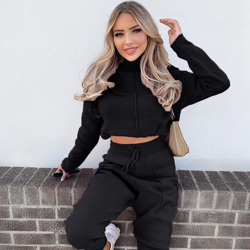 Autumn Winter Hoodie Set Side Pocket Long Joggers Women's Hoodie Set