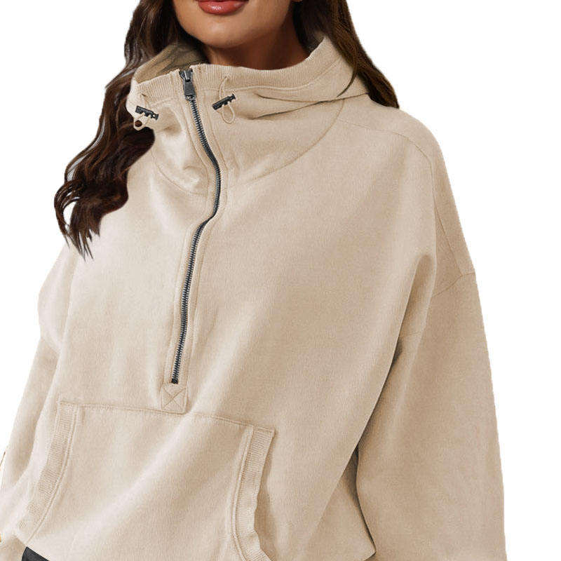 Women's Oversized Half-Zip Hoodie - Pullover with Adjustable Drawstring
