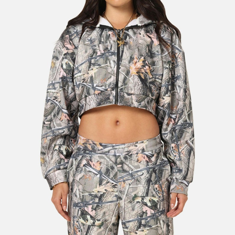 100% Cotton Camo with Zip Front Pullover Custom Embroidered Logo Street Wear Winter Women's Hoodie Set